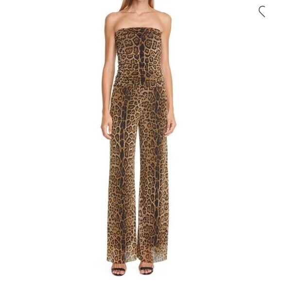 FUZZI Cammello Leopard Print Strapless Mesh Jumpsuit Sz L New - Picture 1 of 8